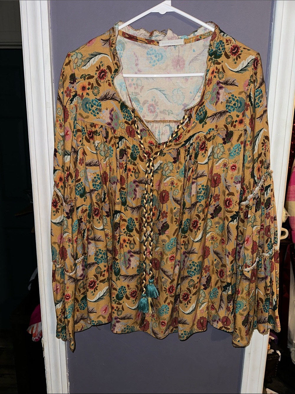 Boho Floral Tassel Blouse - Mustard